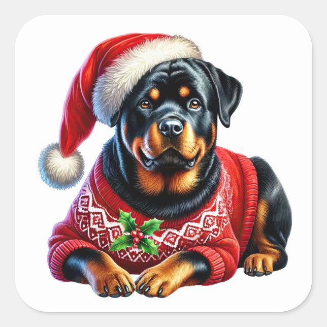 Pegatina Cuadrada Navidades Rottweiler con suéter festivo (Anverso)