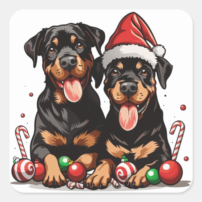 Pegatina Cuadrada Navidades Rottweiler Dog Santa (Anverso)