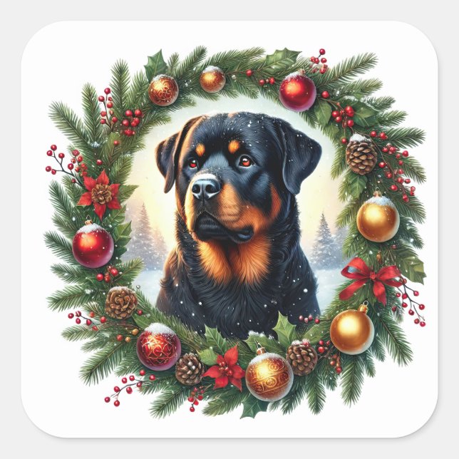 Pegatina Cuadrada Navidades Rottweiler en decoración festiva (Anverso)