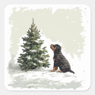 Pegatina Cuadrada Navidades Rottweiler Perro Árbol de Navidad