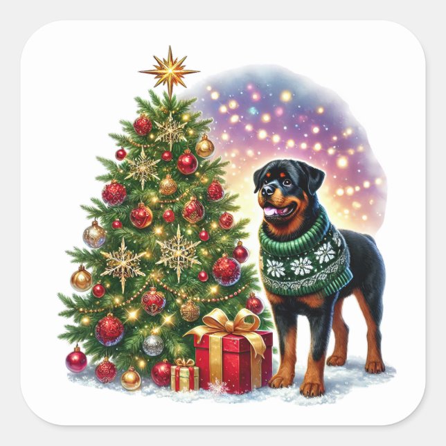 Pegatina Cuadrada Navidades Rottweiler por el árbol festivo (Anverso)