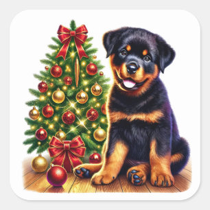 Pegatina Cuadrada Navidades rotuiler cachorro por árbol festivo