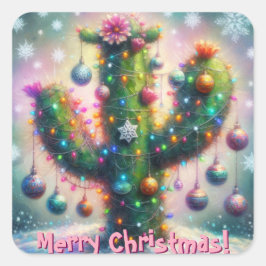 Pegatina Cuadrada Navidades Saguaro Cactus Whimsical Snowflakes