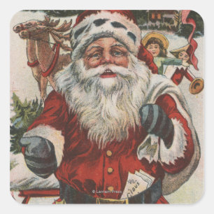 Pegatina Cuadrada Navidades saludando a Santa con ciervos y niños