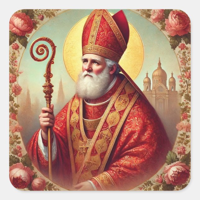 Pegatina Cuadrada Navidades San Nicolás Bishop Festín Día (Anverso)