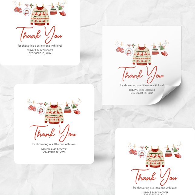 Pegatina Cuadrada Navidades Santa Baby Shower (Christmas Santa Baby Clothesline Baby Shower Sticker)