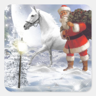 Pegatina Cuadrada Navidades Santa Claus con caballo blanco