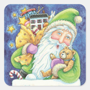 Pegatina Cuadrada Navidades, Santa Claus en chimenea con juguetes