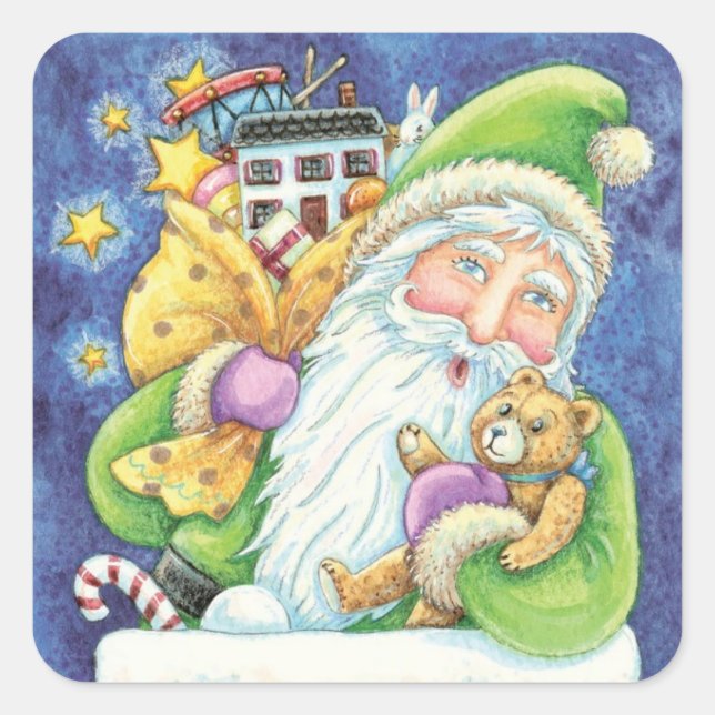 Pegatina Cuadrada Navidades, Santa Claus en chimenea con juguetes (Anverso)