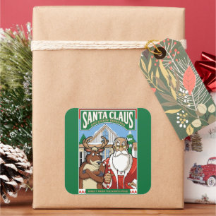 Pegatina Cuadrada Navidades Santa Claus y Kickin' Reindeer Nevando