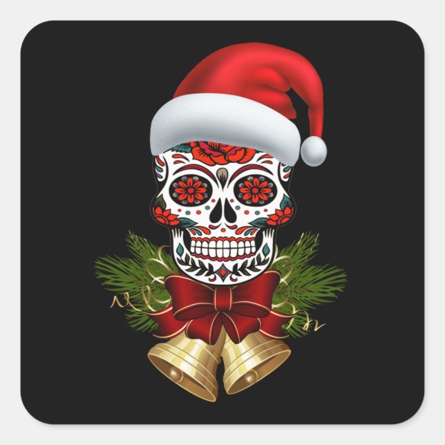 Pegatina Cuadrada Navidades Santa Hat Day Of The Dead Sugar Skull (Anverso)