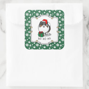 Pegatina Cuadrada Navidades Santa Hat Pomeranian (tricolor) Cute