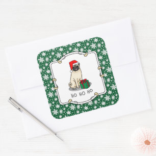 Pegatina Cuadrada Navidades Santa Hat Pug Dog (flor claro) Cute