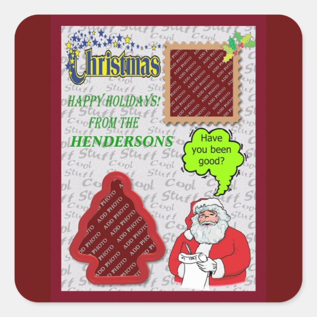 Pegatina Cuadrada Navidades Santa & Tree Añadir fotos (Anverso)