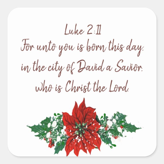 Pegatina Cuadrada Navidades Scripture Luke 2:11 Pointsettia Holly (Anverso)