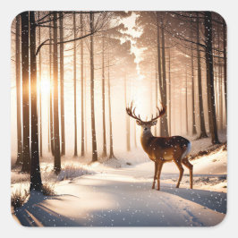 Pegatina Cuadrada Navidades Se Defienden En El Bosque De Invierno