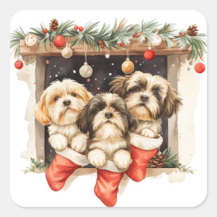 Pegatina Cuadrada Navidades Shih Tzu Dogs