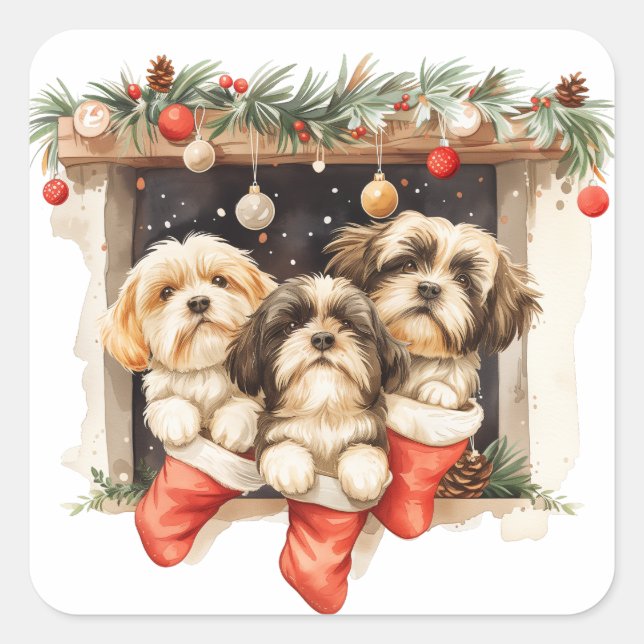 Pegatina Cuadrada Navidades Shih Tzu Dogs (Anverso)