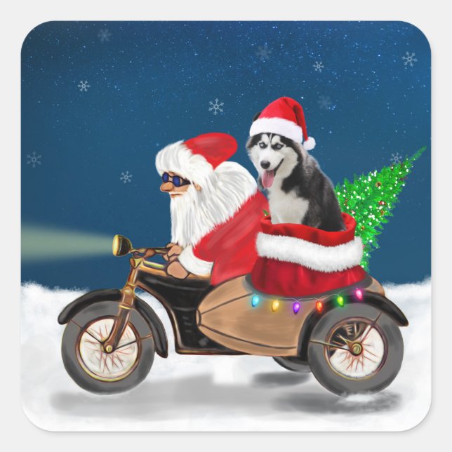 Pegatina Cuadrada Navidades siberianos de Husky Dog Santa Claus (Anverso)
