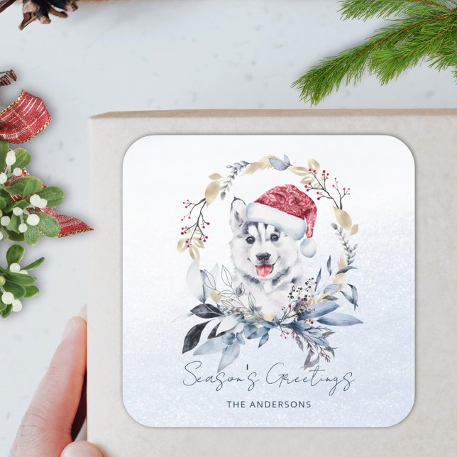 Pegatina Cuadrada Navidades siberianos Husky Dog Red Berry Gold Wrea (Subido por el creador)