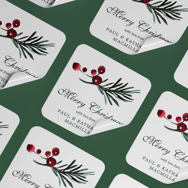 Pegatina Cuadrada Navidades simples y elegantes acuarela Botánica (Simple Elegant Christmas Watercolor Botanical Square Stickers)