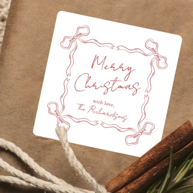Pegatina Cuadrada Navidades singulares de la mano dibujados en rojo  (Complete your gift packaging design with this custom Christmas family name sticker design)