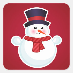 Pegatina Cuadrada Navidades Snowman con fondo rojo