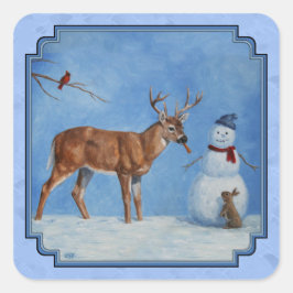 Pegatina Cuadrada Navidades Snowman Deer Cute Bunny Blue