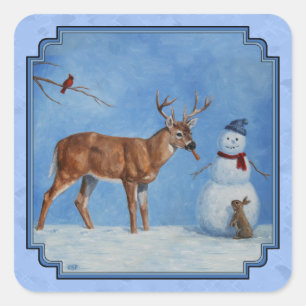 Pegatina Cuadrada Navidades Snowman Deer Cute Bunny Blue