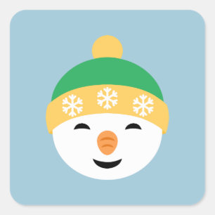 Pegatina Cuadrada Navidades Snowman en Gorra verde sobre azul claro