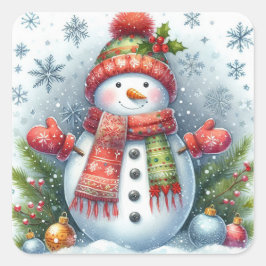 Pegatina Cuadrada Navidades Snowman en un frío y una nieve