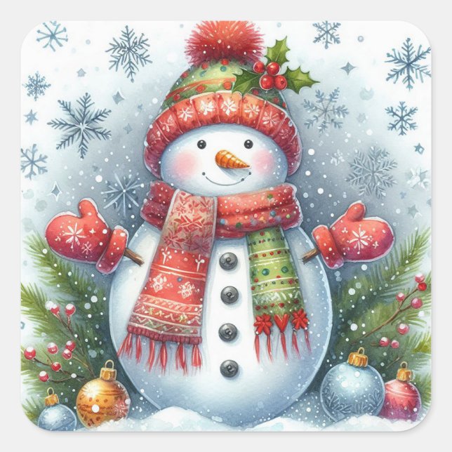 Pegatina Cuadrada Navidades Snowman en un frío y una nieve (Anverso)