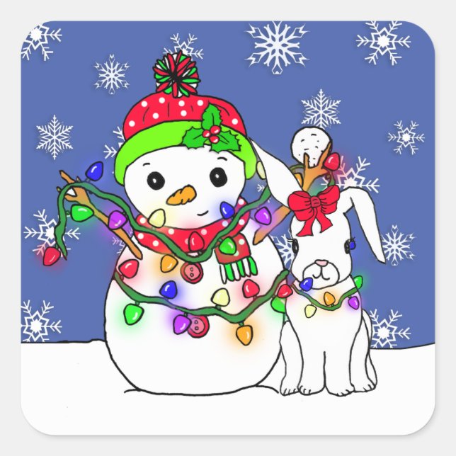Pegatina Cuadrada Navidades Snowman y Conejo de Nieve (Anverso)