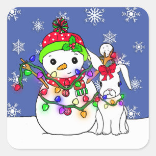 Pegatina Cuadrada Navidades Snowman y Conejo de Nieve