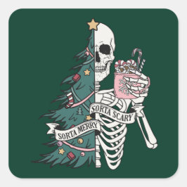 Pegatina Cuadrada Navidades Sorta Scary Sorta Merry Funny Skeleton