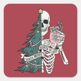 Pegatina Cuadrada Navidades Sorta Scary Sorta Merry Funny Skeleton
