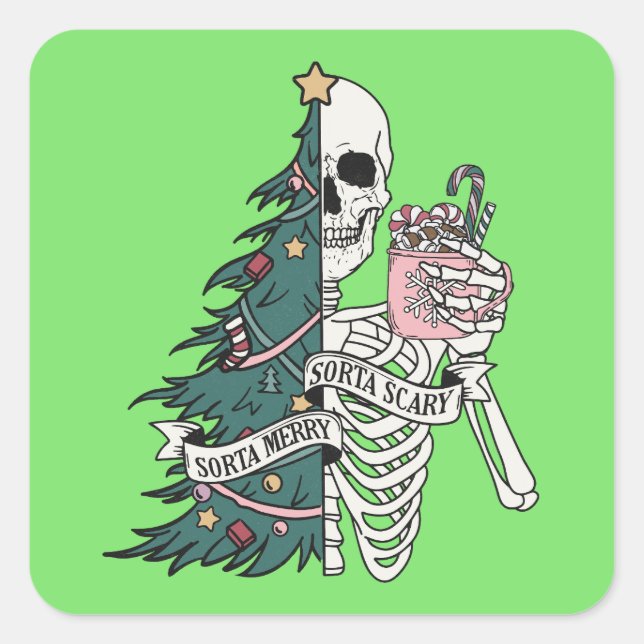 Pegatina Cuadrada Navidades Sorta Scary Sorta Merry Funny Skeleton (Anverso)
