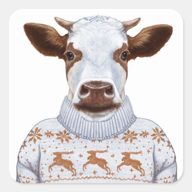Pegatina Cuadrada Navidades Sweater Cow (Anverso)