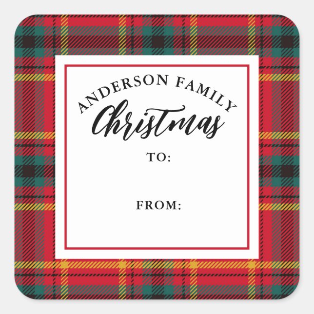 Pegatina Cuadrada Navidades Tartan Plaid Family Name Gift (Anverso)