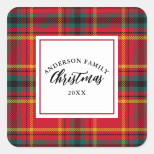 Pegatina Cuadrada Navidades Tartan Plaid Family Name Year