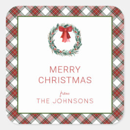 Pegatina Cuadrada Navidades Tartan Plaid Wreath Bow