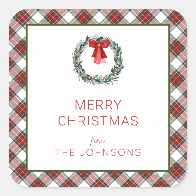 Pegatina Cuadrada Navidades Tartan Plaid Wreath Bow (Anverso)
