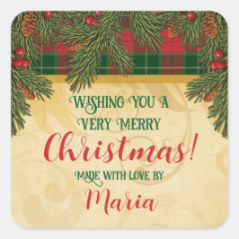 Pegatina Cuadrada Navidades Tartán Wreath tradicional