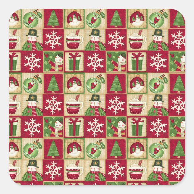 Pegatina Cuadrada Navidades Tema Snowman Snowflakes Red Green Gold (Anverso)