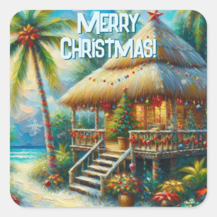 Pegatina Cuadrada Navidades Tropical Hut Palm Tree Beach Lights