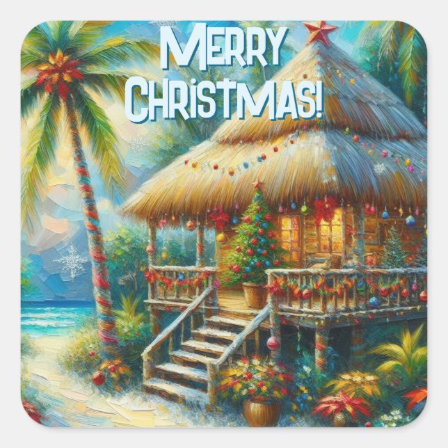 Pegatina Cuadrada Navidades Tropical Hut Palm Tree Beach Lights (Anverso)