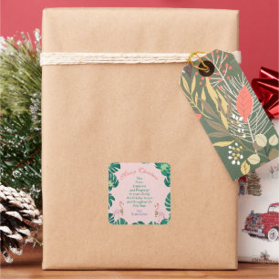 Pegatina Cuadrada Navidades tropicales Flamingo rosa Santa Hat Baubl