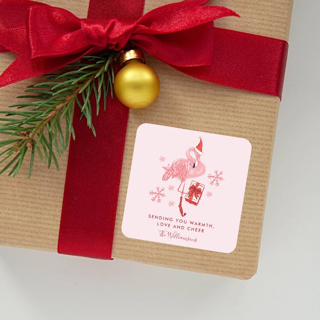 Pegatina Cuadrada Navidades tropicales rosados Flamingo acuarela (Pink Flamingo Tropical Christmas Watercolor Square Sticker)