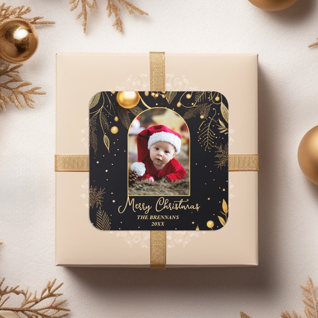Pegatina Cuadrada Navidades Una Foto Elegante Oro (Christmas One Photo Gold Elegant Square Sticker)
