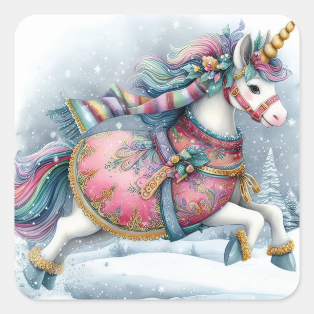Pegatina Cuadrada Navidades unicornio (Anverso)